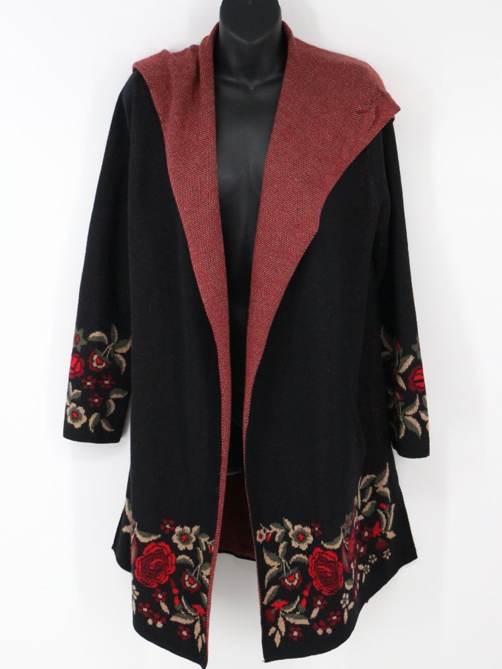 Maxsport Black Long Cardigan Hooded Floral Hippie Boho Womens Size Medium
